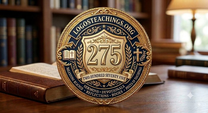 Milestone badge: 275 pieces of teaching of logosteachings.org — sermons, devotionals, reflections and books