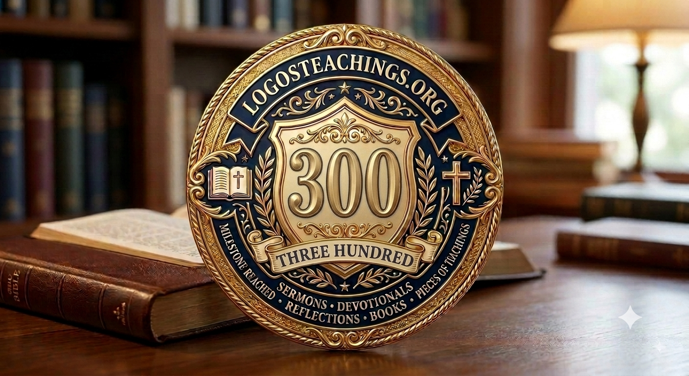 Milestone badge: 300 pieces of teaching of logosteachings.org — sermons, devotionals, reflections and books